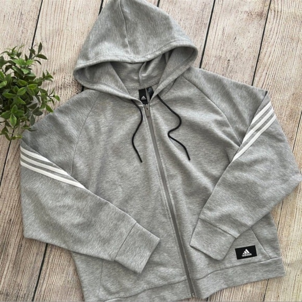 D1-- ADIDAS gray white 3 stripe long sleeve active hoodie jacket men's LARGE